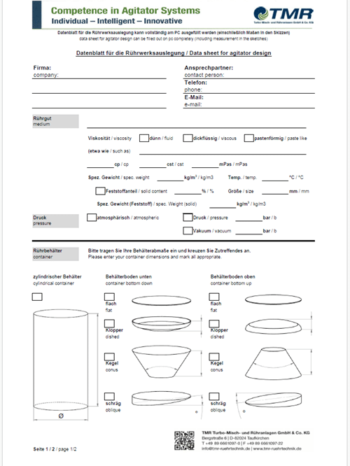 Bild - Datenblatt für die Rührwerksauslegung